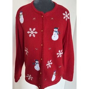 Vtg Crystal Kobe SnowmenSnowflake Red Christmas Cardigan Sweater L Novelty
